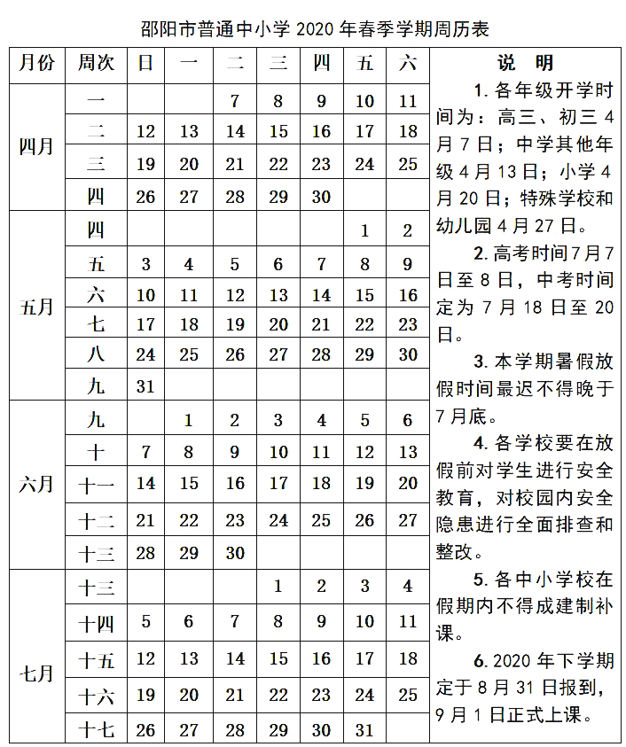 邵阳市出台2020年度春季学期教育教学课时和中考调整安排(图1)